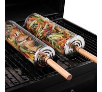 Rolling Grilling Basket: 2PCS Gilling Basket for Outdoor Grill with Removable Wooden Handle, Sturdy Stainless Steel Grill Basket - BBQ and Grilling Accessories for Veggies/Shrimp/Meat