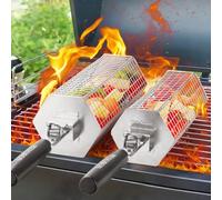 Rolling Grilling Basket Set, 2 PCS Stainless Steel BBQ Grill Baskets with Removable Wooden Handles, Large & Small Nestable Design for Outdoor Camping, Ideal for Vegetables, Meat on Gas/Charcoal Grill