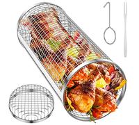 Rolling Grilling Basket, Stainless Steel Rotisserie Basket with Fork Wire Mesh Cylinder Grilling Rack Non-Stick Outdoor BBQ Round Grill Baskets Grilled Cage for Camping Picnic
