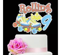 Rolling into 9 Cake Topper - Glitter Colorful Roller Skate Happy 9th Birthday Cake Topper for Retro Boy Girl Club Hip Hop Theme Party Decoration Supplies (9th)