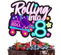 "Rolling into" cake topper roller skating theme 8th birthday happy roller skates decoration, boy and girl birthday party, club hip hop party, or disco party decoration, birthday gift for kids.LIANGSS