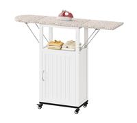 Rolling Ironing Board with Storage Cabinet, Folding Ironing Board with Wheels, Craft Table with Storage, Wooden Fold Down Ironing Station with Heat-Resistant Sponge(White with Wheels)