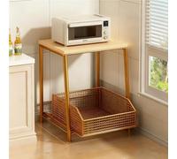 Rolling Kitchen Cart on Wheels - Sturdy Microwave Stand with Pull-Out Drawer & Storage Basket Double Tier Utility Cart with Wood Countertop Space-Saving for Home & Kitchen