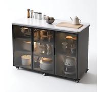 Rolling Kitchen Cart with Stone Top, Small Grey Kitchen Island with Storage Doors & Wheels, Versatile Mobile Kitchen Furniture for Dining & Cooking
