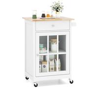 Rolling Kitchen Island Cart on Wheels Rubber Wood Tabletop Tempered Glass Doors Adjustable Shelves Towel Rack Versatile Sideboard Storage Trolley for Dining & Cooking