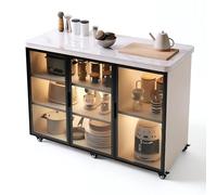 Rolling Kitchen Island Cart with Stone Top, Small Kitchen Islands with Storage, Mobile Kitchen Cart with Cabinet & Wheels, Grey Finish, Perfect for Dining & Cooking Spaces