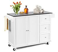 Rolling Kitchen Island Cart Wooden Kitchen Trolley with 3 Adjustable Shelves & 3 Drawers Stainless Steel Top Spice Rack T Holder 135 x 45.5 x 91.5 CM