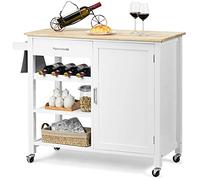 Rolling Kitchen Island Cart Wooden Kitchen Trolley with Wine Rack for 3 Bottles 2 Shelves Drawer Cabinet & Towel Holder 100 x 48 x 90 CM White Finish