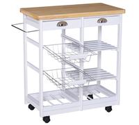 Rolling Kitchen Island Trolley Cart Drawer Shelves Basket Wheels W/ 6 Bottle Wine Rack White