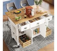 Rolling Kitchen Island Trolley with Large Cabinet 3 Drawers Spice Rack Adjustable Shelf Dining Room Storage Sideboard Cart White Kitchen nizer