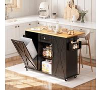 Rolling Kitchen Island with Drop Leaf & Trash Can Storage, Kitchen Island Cart with Spice Rack & Towel Rack, Mobile Island Table