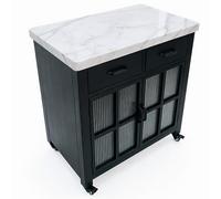 Rolling Kitchen Island with Sintered Stone Top, Fluted Doors, 2 Drawers, Compact Design for Small Spaces, Modern Kitchen Storage Solution