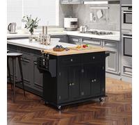 HOMCOM Rolling Kitchen Storage Island Trolley with Rubberwood Top and Drawers - Black, Black