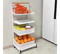 Rolling Kitchen Shelf Rack - White Cupboard nizer with 4 Boards & 2 Baskets - Space-Saving Pot Rack Storage for Efficient Kitchen nization