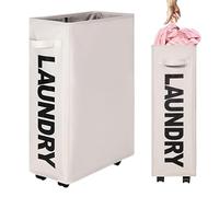 Rolling Laundry Basket Beige | 4 Wheels Collapsible Slim Hamper | Foldable Narrow Clothes Bin with Mesh Lid | Moisture Proof Oxford Fabric Laundry Organizer