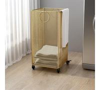 Rolling Laundry Basket Cart | Gold Metal Hamper on Wheels, Stylish Clothes Storage Bin for Bathroom, Versatile Organizer Rack for Easy Transport and Efficient Space Saving