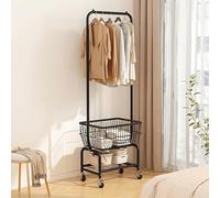 Rolling laundry basket, Hampers with WheelsLaundry Cart with Wheels and Removable Storage Basket Coat Rack Freestanding Clothing Rack Carbon Steel Material 200lbs Load Bearing Capa