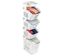 Rolling Laundry Basket Tower, 4-Tier Laundry Hamper with Wheels, Removable Sorting Bins, Ventilated & Easy-Clean Plastic, Space Saving Organizer for Bathroom Bedroom Utility Kitchen Storage