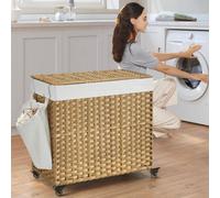 Rolling Laundry Hamper With Lid, Spacious, Synthetic Rattan 3-Compartment Laundry Bin, Removable Liner, Natural