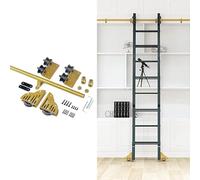 Rolling Library Ladder Hardware Kit - Complete Sliding Track System for Home/Indoor/Loft - Golden Round Tube Roller & Brake for Stylish Storage Solutions