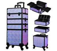 Rolling Makeup Case Cosmetology Case on Wheels 4 in 1 Large Cosmetic Organizer Train Case Makeup Travel Case with Key Swivel Wheels Nail Artist Salon Storage Traveling Cart Trunk Black(Shiny Purple)
