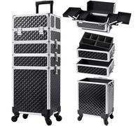 Rolling Makeup Case Cosmetology Case on Wheels 4 in 1 Large Cosmetic Organizer Train Case Makeup Travel Case with Key Swivel Wheels Nail Artist Salon Storage Traveling Cart Trunk Black(Black)