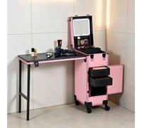 Rolling Makeup Case on Wheels, Portable Nail Desk for Nail Tech, Mobile Manicure Table w/Handle & LED Mirror, Beauty Salon Nail Workstation (Pink)
