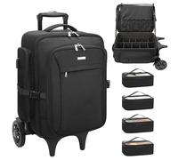 Rolling Makeup Case with 4 Small Bags, Large Make Up Travel Organizer with 2 Big Wheels, Professional Lockable Makeup Artist Backpack with Adjustable Dividers for Work - Black