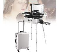 Rolling Makeup Case with LED Light and Bluetooth, Portable Train Case for Salon, Barber, and Makeup Artists, Free Standing Box with Spinning Wheels