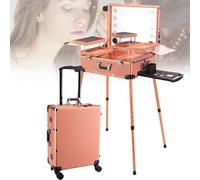 Rolling Makeup Case with LED Light and Bluetooth, Portable Train Case for Salon, Barber, and Makeup Artists, Free Standing Box with Spinning Wheels