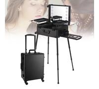 Rolling Makeup Case with LED Light and Bluetooth, Portable Train Case for Salon, Barber, and Makeup Artists, Free Standing Box with Spinning Wheels