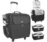 Rolling Makeup Train Case, Hairstylist Traveling Bag with 4 Wheels, Heat Insulation Full Layer, Adjustable Dividers, Hair Tools and Cosmetics Storage Organizer Trolley Suitcase Makeup Cart