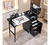Rolling Manicure Table for Nail Teach, Beauty Salon Nail Workstation, Dressing Table with 4 Wheels & Drawers, Cosmetic Trolley w/Mirror, Makeup Train Case(Black)