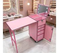 Rolling Manicure Table for Nail Teach, Beauty Salon Nail Workstation, Dressing Table with 4 Wheels & Drawers, Cosmetic Trolley w/Mirror, Makeup Train Case(Pink)