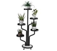 Rolling Metal Plant Stand with Marble Base - 5-Tier Indoor Flower Shelf for Multiple Plants Tall Corner Holder for Garden Living Room & Patio - Black
