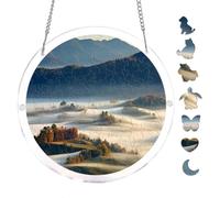 Rolling Mist Autumn Hills Landscape Acrylic Round Puzzle 7.8x7.8Inch Hanging Decor