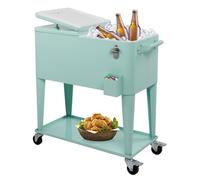 Rolling Patio Cooler Cart with Wheels and Storage Shelf, Insulated Outdoor Beverage Drink Rattan Design Bottle Opener for Backyard, Pool, Tailgate Party Mint -