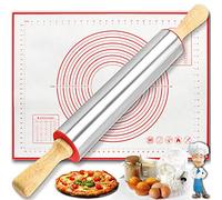 Rolling Pin and Silicone Baking Pastry Mat Set, Smooth Non Stick Stainless Steel Dough Roller, Rolling Pins with Wooden Handle + BBQ Mat for Baking Pizza, Pastries, Pasta, Cookies, Fondant Icing