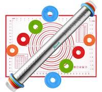 Rolling Pin and Silicone Baking Pastry Mat Set, Stainless Steel Dough Roller with Adjustable Thickness Rings, for Pizza, Pie, Pastries, Pasta, Cookies