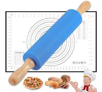 Rolling Pin with Baking Mat, 17 inch Stainless Steel Revolving Silicone Rolling Pins for Baking with Silicone Mat & Wooden Handle, Blue Large Dough Roller Non-Stick for Pizza, Pasta, Cookie, Pie Crus