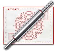 Rolling Pin with Baking Mat, Stainless Steel Revolving Rolling Pins for Baking with Food-Grade Silicone Baking Mats, Non-Stick Dough Roller for Pizza, Pasta, Pie Crust, Cookie, Icing, 17 in - Silver