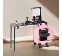 Rolling Portable Manicure Table, Foldable Traveling Nail Desk with Drawer & Cosmetic Organizers, LED Mirror, Mobile Nail Tech Workstation for Salon Use