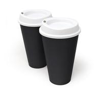 Rolling Sands USA Made 16 oz Reusable Coffee Cups with Lids 2 Pk, To Go Travel Cups, Hot or Cold Drinks, Dishwasher and Microwave Safe, Black Cups, White Lids