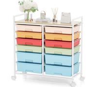 Rolling Storage Cart with 12 Drawers, Wooden Tabletop Utility Cart for Craft Storage, Art Supply Storage & Home Office Organization, Teacher Cart with Wheels for Classroom, School (Rainbow)