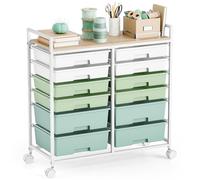 Rolling Storage Cart with 12 Drawers, Wooden Tabletop Utility Cart for Craft Storage, Art Supply Storage & Home Office Organization, Teacher Cart with Wheels for Classroom Organization, School (Green)