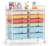 Rolling Storage Cart with 12 Drawers, Wooden Tabletop Utility Cart for Craft Storage, Art Supply Storage & Home Office Organization, Teacher Cart with Wheels for Classroom, School (Rainbow)
