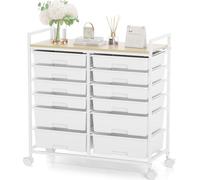 Rolling Storage Cart with 12 Drawers, Wooden Tabletop Utility Cart for Craft Storage, Art Supply Storage & Home Office Organization, Teacher Cart with Wheels for Classroom, School (White)