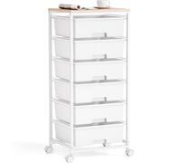 Rolling Storage Cart with 6 Drawers and Wooden Tabletop, Lockable Wheels Utility Cart for Art Studios, Office Supplies & Craft Room Organization (White)