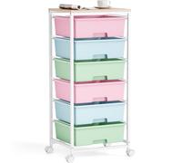 Rolling Storage Cart with 6 Drawers and Wooden Tabletop, Lockable Wheels Utility Cart for Art Studios, Office Supplies & Craft Room Organization (Rainbow)