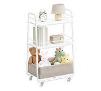 Rolling storage trolley with fabric basket and shelves, Cloud White + Camel Brown